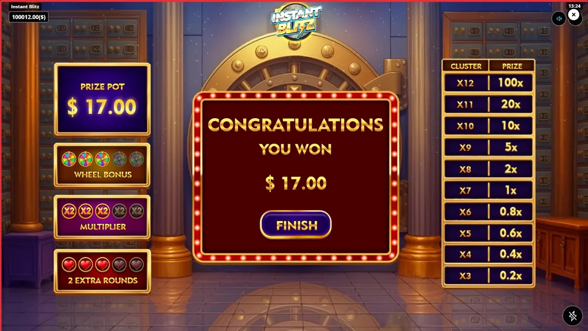 Tampilan antarmuka slot Instant Blitz dengan tema brankas neon dan simbol cluster pays.