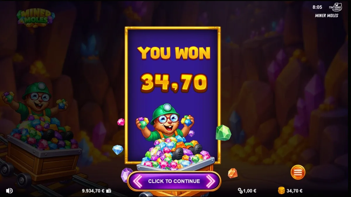 Tampilan visual slot Miner Moles dengan tema tambang dan karakter mole yang lucu.